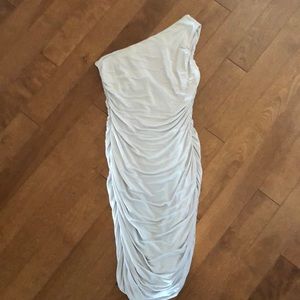 beautiful silver dress, one shoulder.